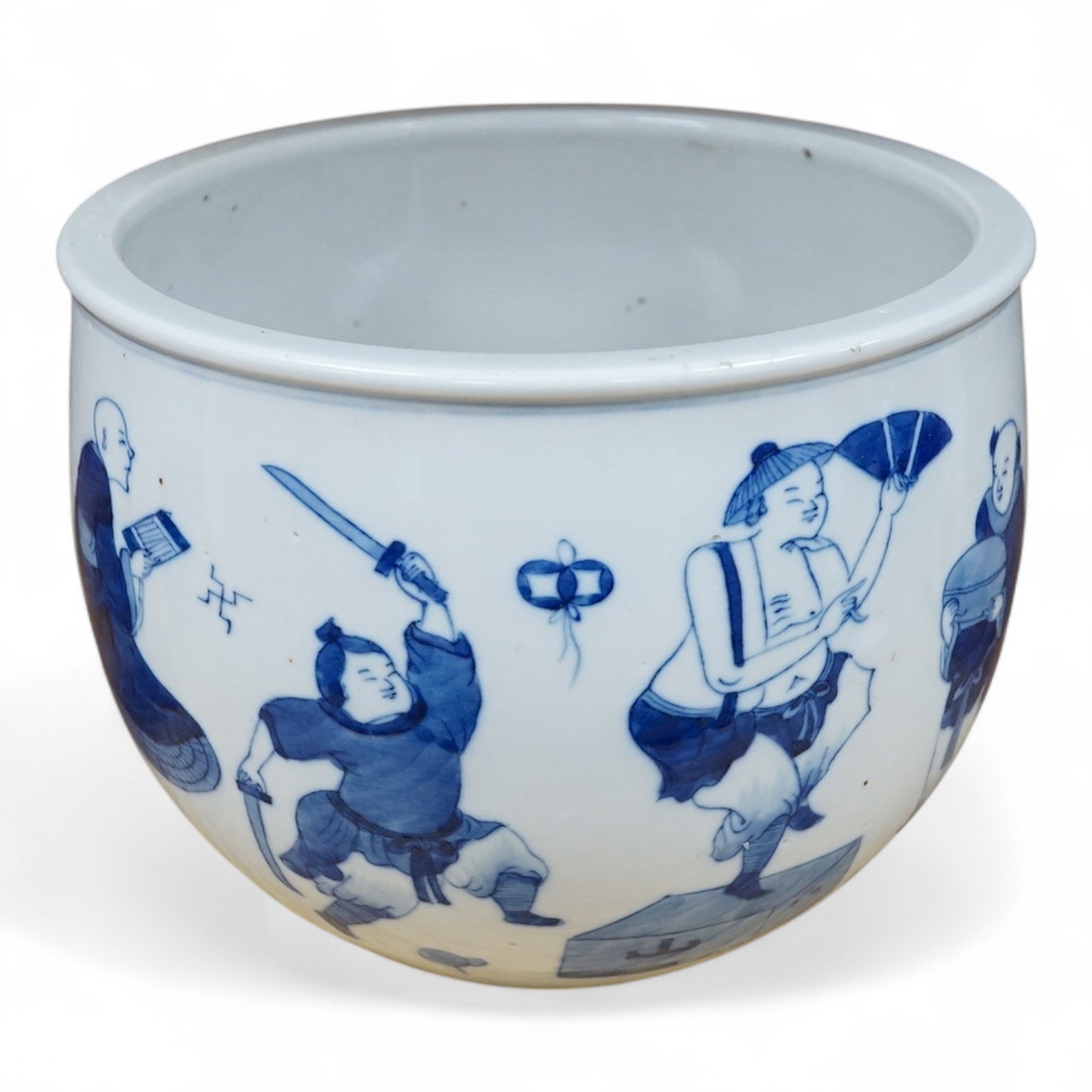 A small Chinese blue and white jardiniere painted with figures at various pursuits, 19cm in diameter